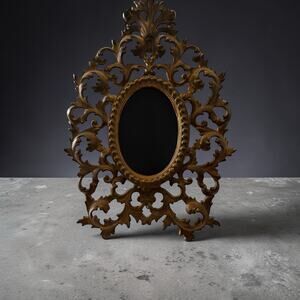 Vintage Ornate Brass Frame Rococo Victorian Baroque Pierced Scroll 13x9 Tabletop